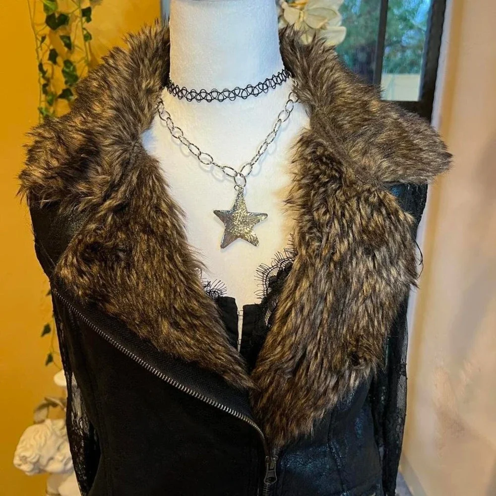 vest black grunge faux fur–trim - Picture 6 of 8